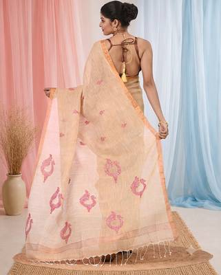 Beige linen saree with pink bird & texture motifs and zari borders 3