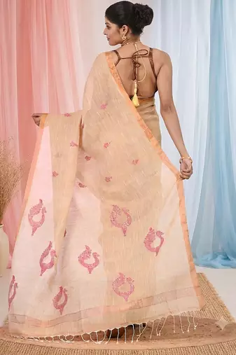 Beige linen saree with pink bird & texture motifs and zari borders