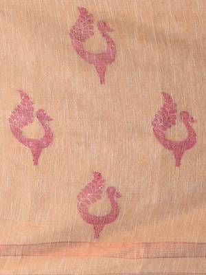 Beige linen saree with pink bird & texture motifs and zari borders 4