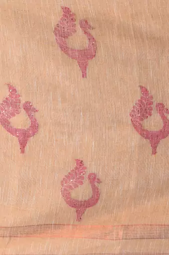 Beige linen saree with pink bird & texture motifs and zari borders