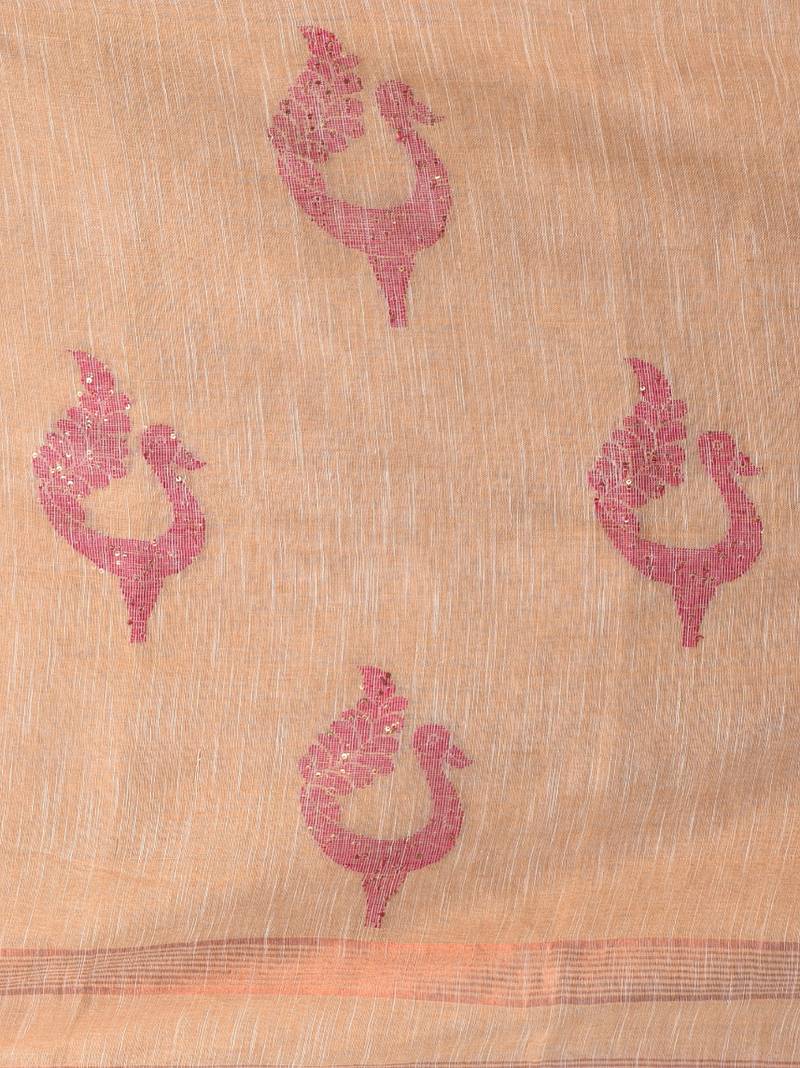Beige linen saree with pink bird & texture motifs and zari borders
