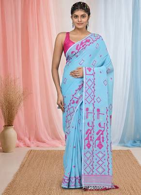 sky blue cotton blend saree with traditional woven patterns and tassel border 1