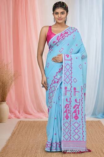 sky blue cotton blend saree with traditional woven patterns and tassel border