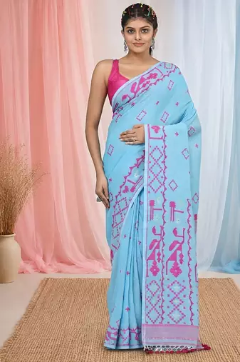 sky blue cotton blend saree with traditional woven patterns and tassel border