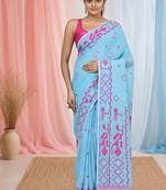 sky blue cotton blend saree with traditional woven patterns and tassel border