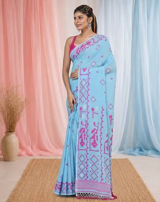 sky blue cotton blend saree with traditional woven patterns and tassel border 2