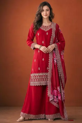 Embroidered Vichitra Silk Straight Kurta, Sharara and Dupatta Set