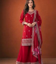 Embroidered Vichitra Silk Straight Kurta, Sharara and Dupatta Set