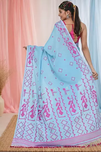 sky blue cotton blend saree with traditional woven patterns and tassel border