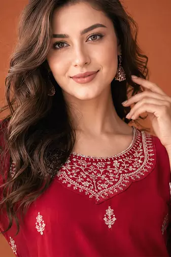 Embroidered Vichitra Silk Straight Kurta, Sharara and Dupatta Set