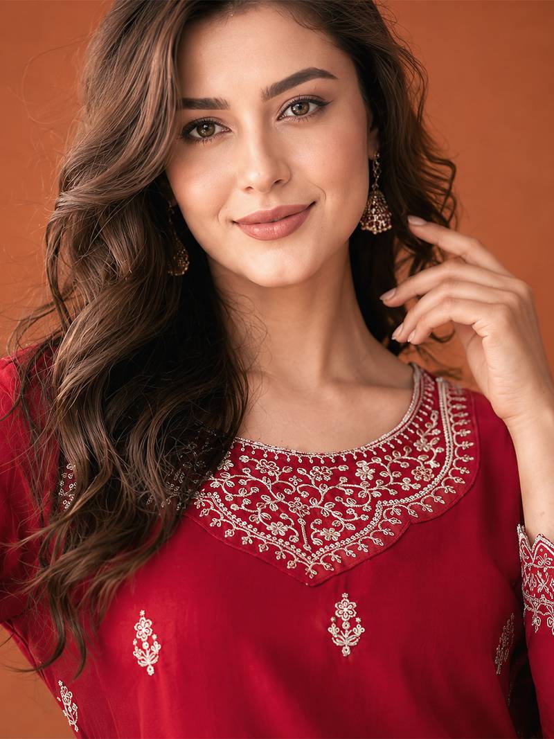 Embroidered Vichitra Silk Straight Kurta, Sharara and Dupatta Set