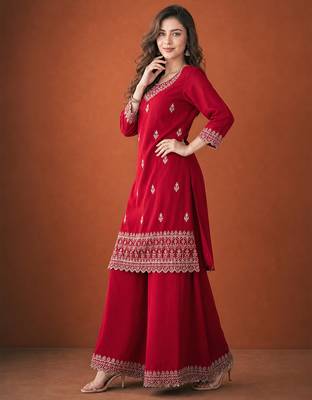 Embroidered Vichitra Silk Straight Kurta, Sharara and Dupatta Set 3