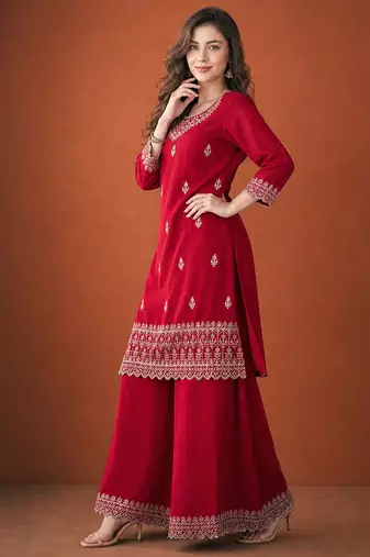Embroidered Vichitra Silk Straight Kurta, Sharara and Dupatta Set