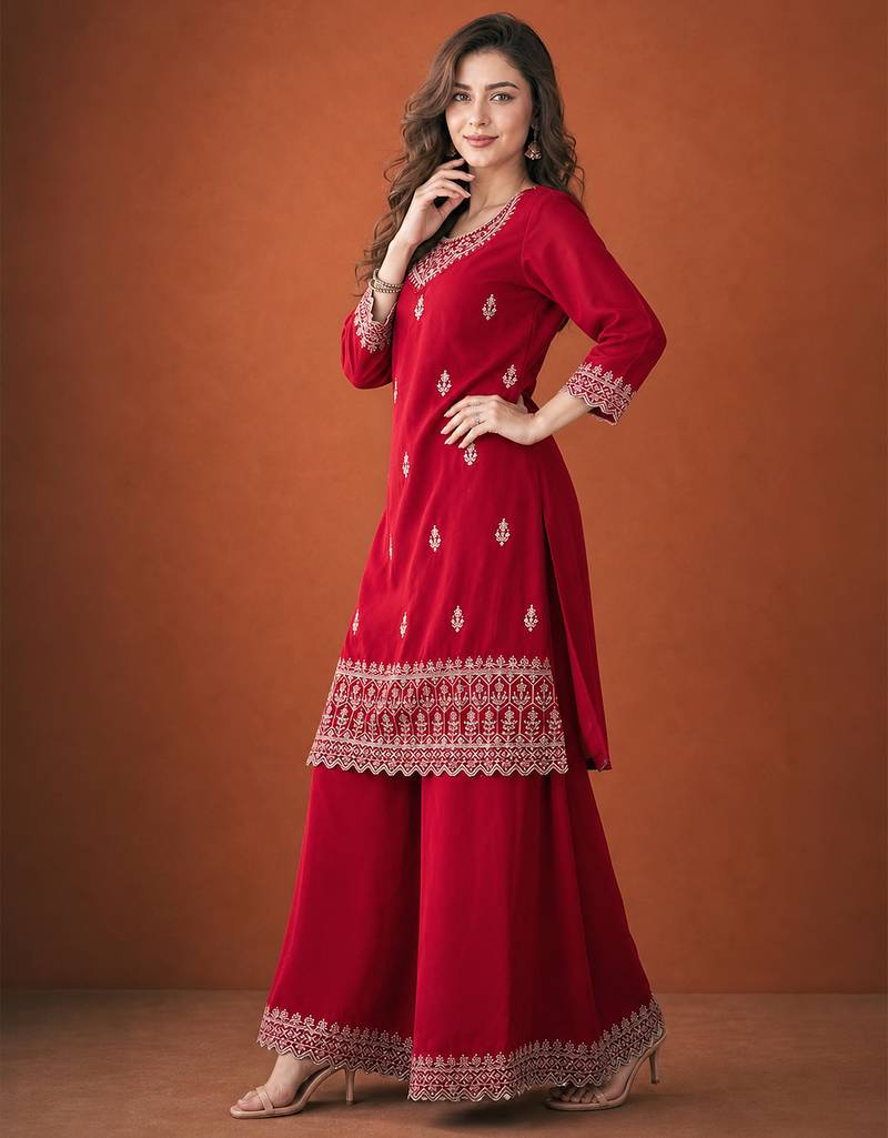 Embroidered Vichitra Silk Straight Kurta, Sharara and Dupatta Set