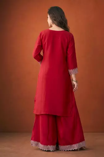 Embroidered Vichitra Silk Straight Kurta, Sharara and Dupatta Set