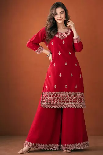 Embroidered Vichitra Silk Straight Kurta, Sharara and Dupatta Set