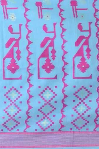 sky blue cotton blend saree with traditional woven patterns and tassel border