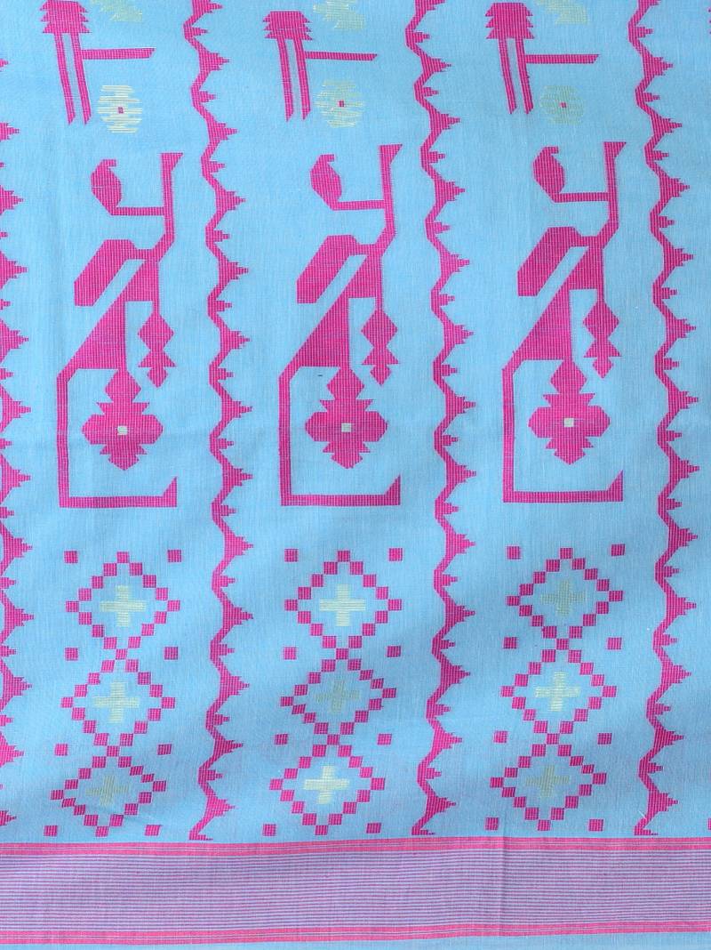 sky blue cotton blend saree with traditional woven patterns and tassel border