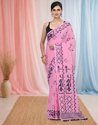 pink cotton blend saree with traditional woven patterns and tassel border 1
