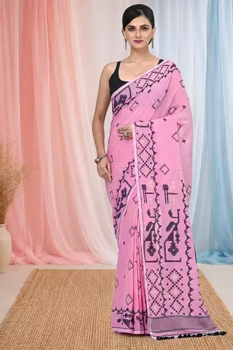 pink cotton blend saree with traditional woven patterns and tassel border