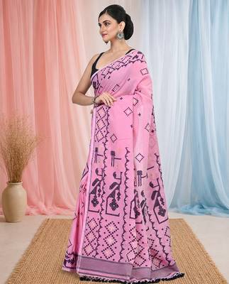 pink cotton blend saree with traditional woven patterns and tassel border 2
