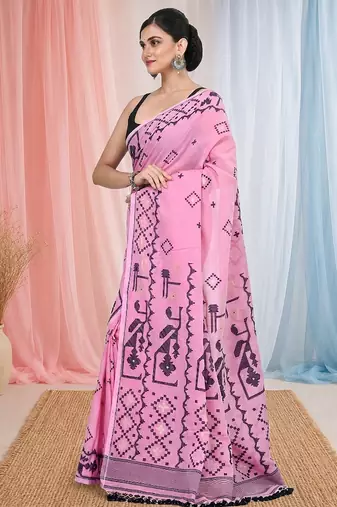 pink cotton blend saree with traditional woven patterns and tassel border