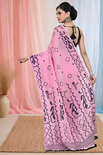 pink cotton blend saree with traditional woven patterns and tassel border