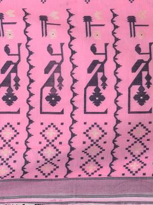 pink cotton blend saree with traditional woven patterns and tassel border 4