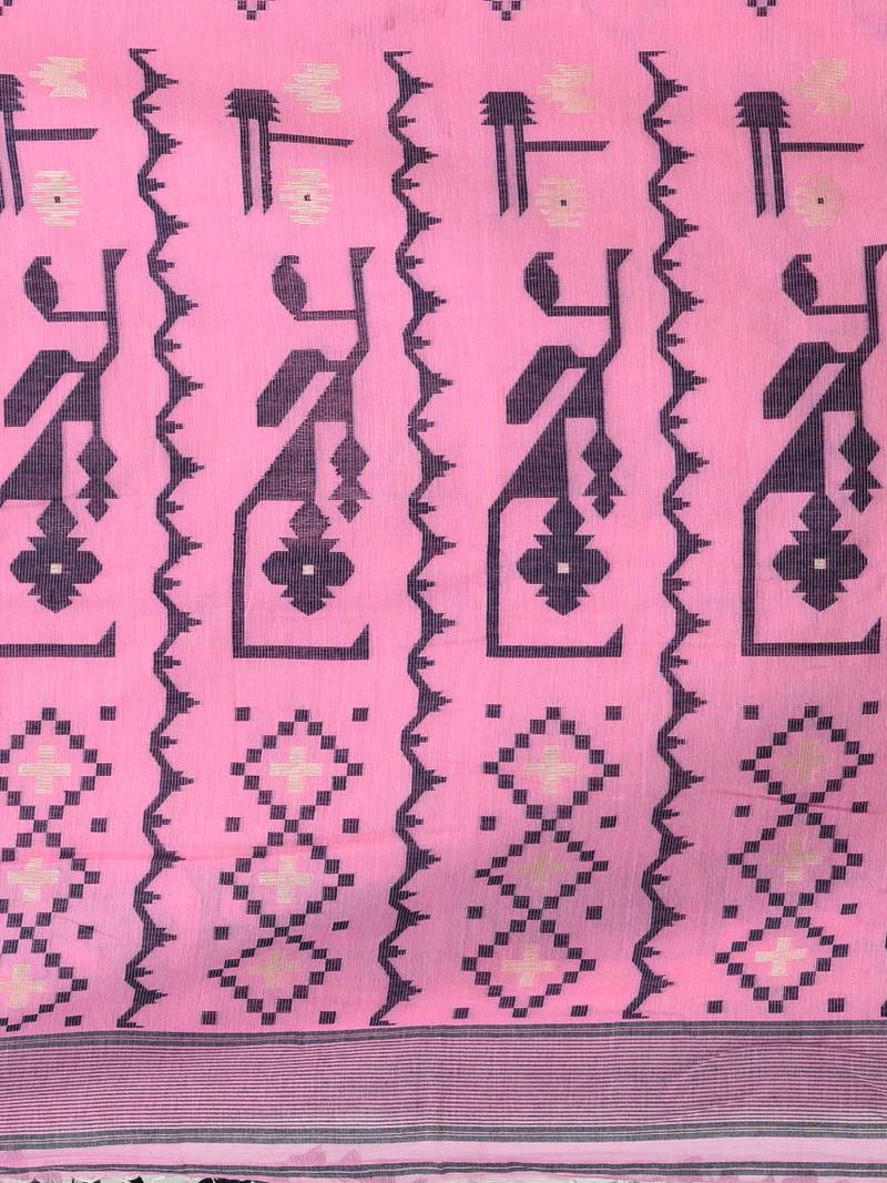 pink cotton blend saree with traditional woven patterns and tassel border