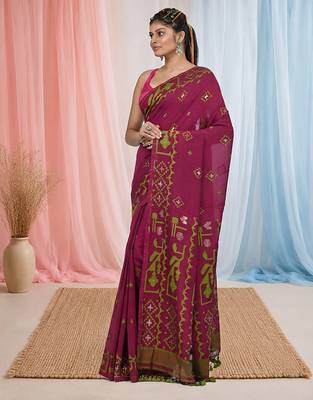 magenta cotton blend saree with traditional woven patterns and tassel border 2