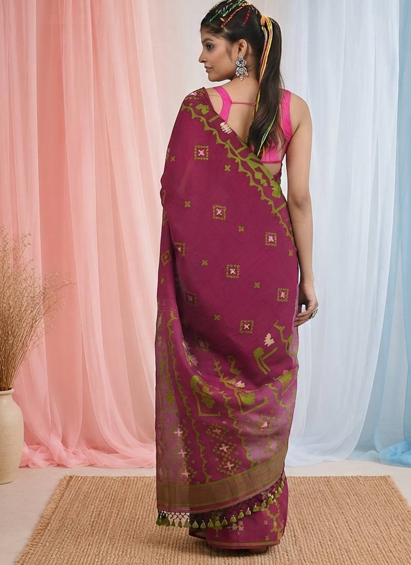 magenta cotton blend saree with traditional woven patterns and tassel border
