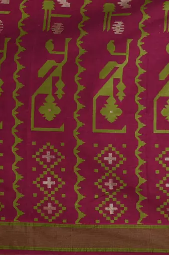magenta cotton blend saree with traditional woven patterns and tassel border