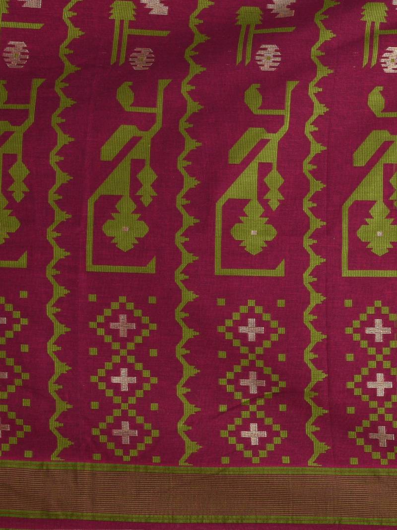 magenta cotton blend saree with traditional woven patterns and tassel border