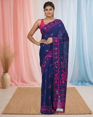 blue cotton blend saree with traditional woven patterns and tassel border 1