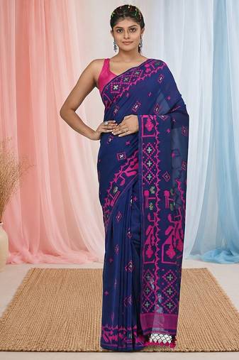 blue cotton blend saree with traditional woven patterns and tassel border