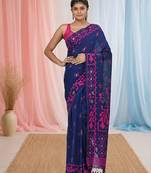 blue cotton blend saree with traditional woven patterns and tassel border