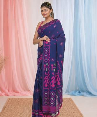 blue cotton blend saree with traditional woven patterns and tassel border 2