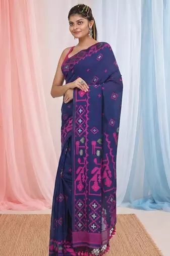 blue cotton blend saree with traditional woven patterns and tassel border