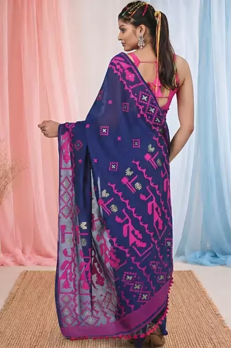 blue cotton blend saree with traditional woven patterns and tassel border