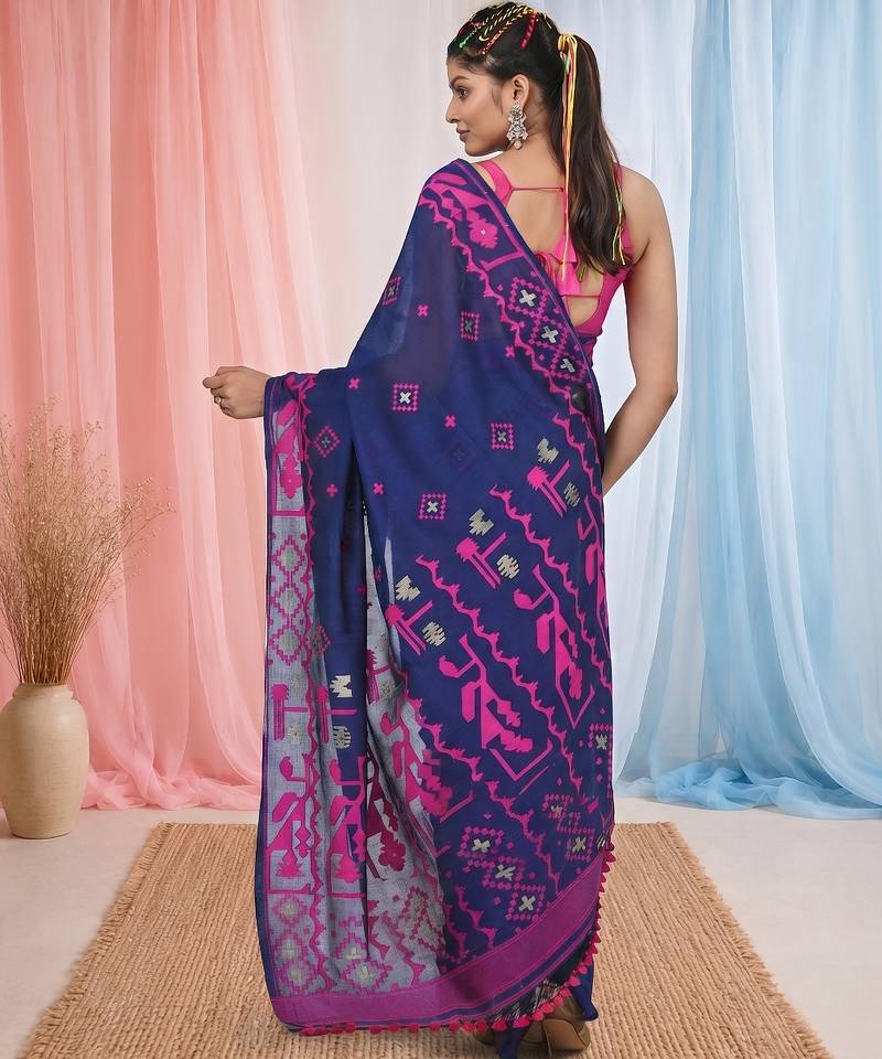 blue cotton blend saree with traditional woven patterns and tassel border