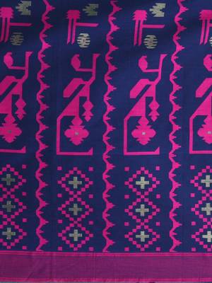 blue cotton blend saree with traditional woven patterns and tassel border 4