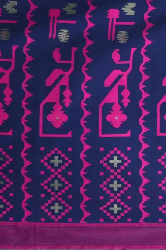 blue cotton blend saree with traditional woven patterns and tassel border