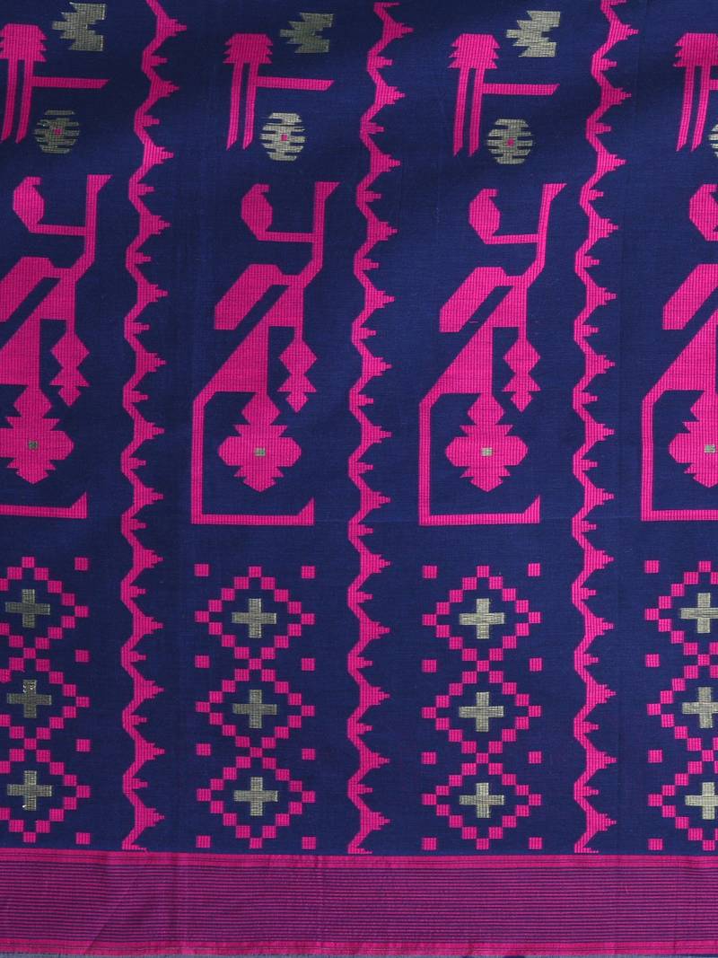 blue cotton blend saree with traditional woven patterns and tassel border