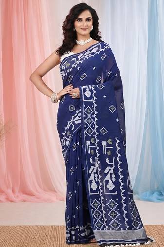 navy blue cotton blend saree with traditional woven patterns and tassel border