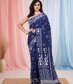 navy blue cotton blend saree with traditional woven patterns and tassel border