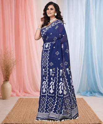 navy blue cotton blend saree with traditional woven patterns and tassel border 2