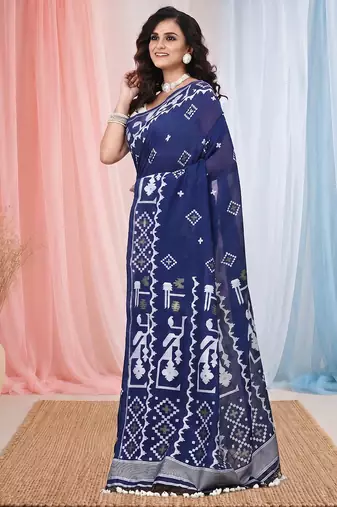 navy blue cotton blend saree with traditional woven patterns and tassel border