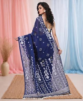 navy blue cotton blend saree with traditional woven patterns and tassel border 3