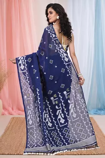 navy blue cotton blend saree with traditional woven patterns and tassel border