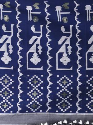navy blue cotton blend saree with traditional woven patterns and tassel border 4